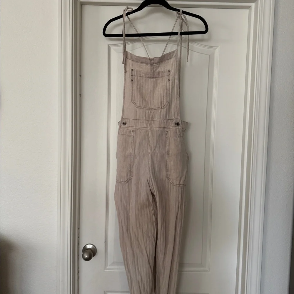 Free People Cream Linen Blend Wide-Leg Overalls